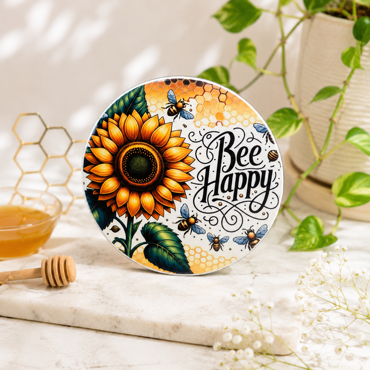 Bee Happy Ceramic Coaster - Single