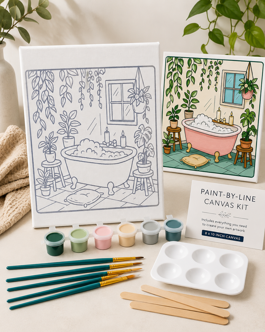 🎨🖌️ 8" x 10" Canvas Paint Kit - 🌿 Plant Bath Retreat Paint Canvas Kit