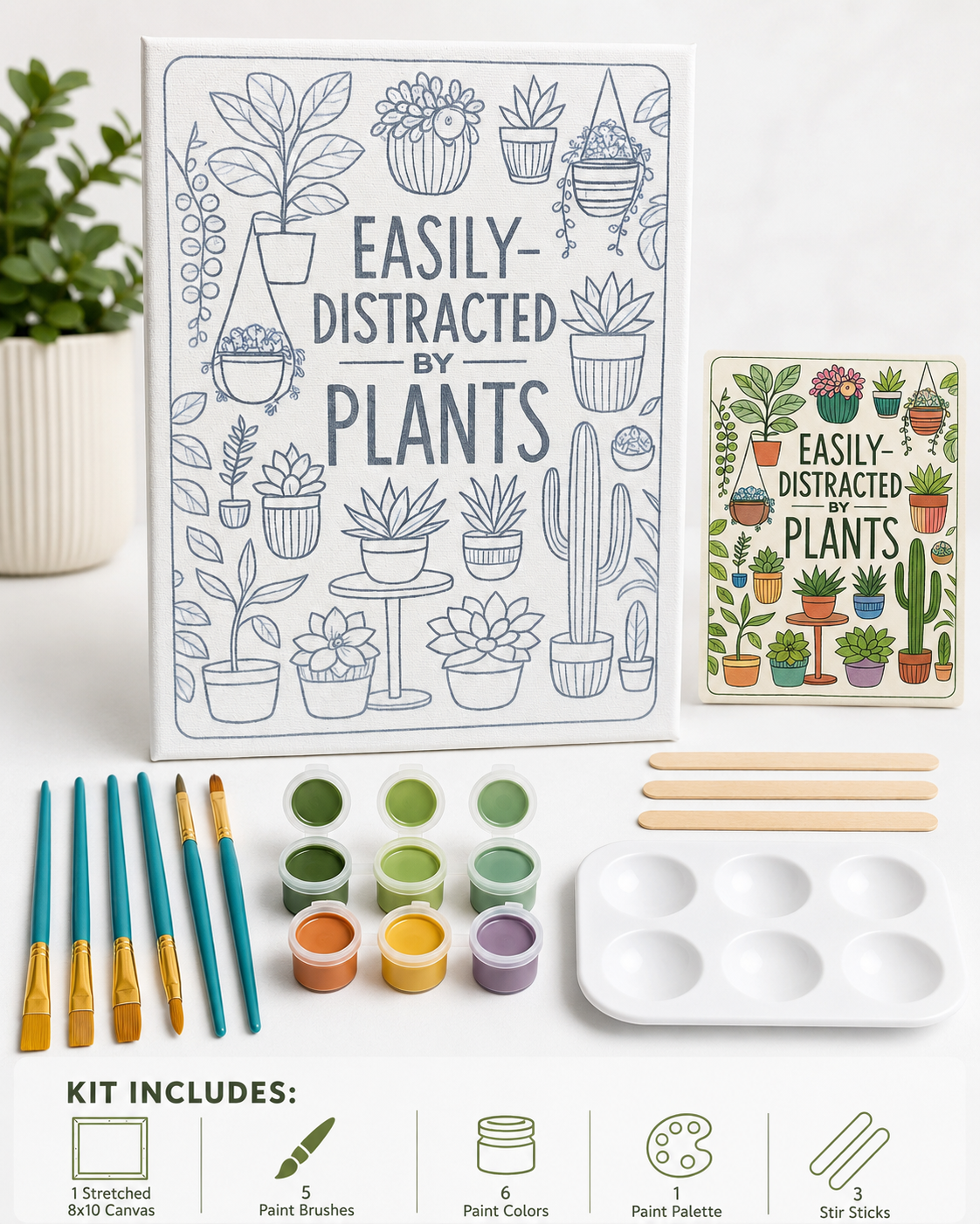🎨🖌️ 8" x 10" Paint Canvas Kit - Easily Distracted by Plants