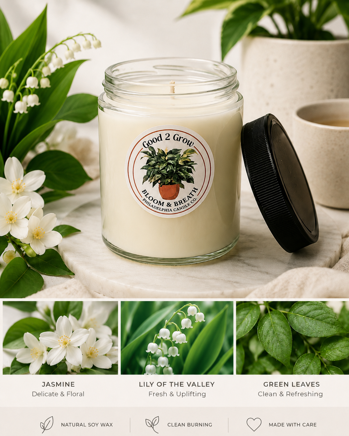 🌿 Bloom & Breath Candle – Jasmine, Lily of the Valley & Green Leaves