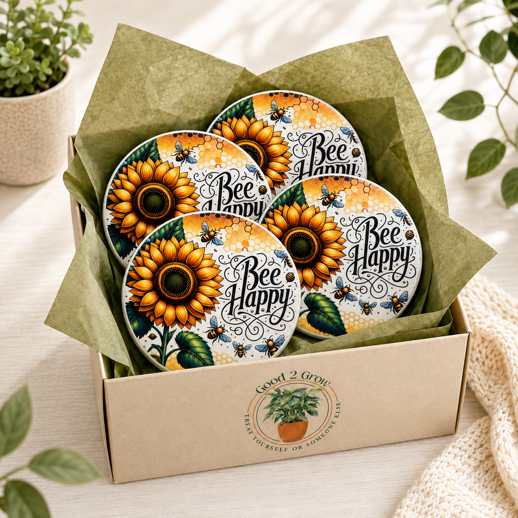 Bee Happy 4-Piece Ceramic Coaster Set