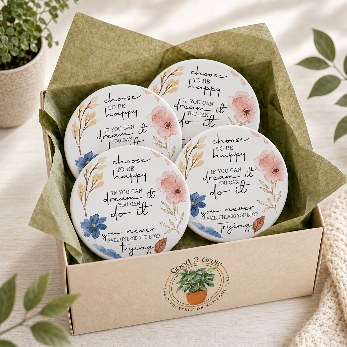 Choose Happy 4-Piece Ceramic Coaster Set