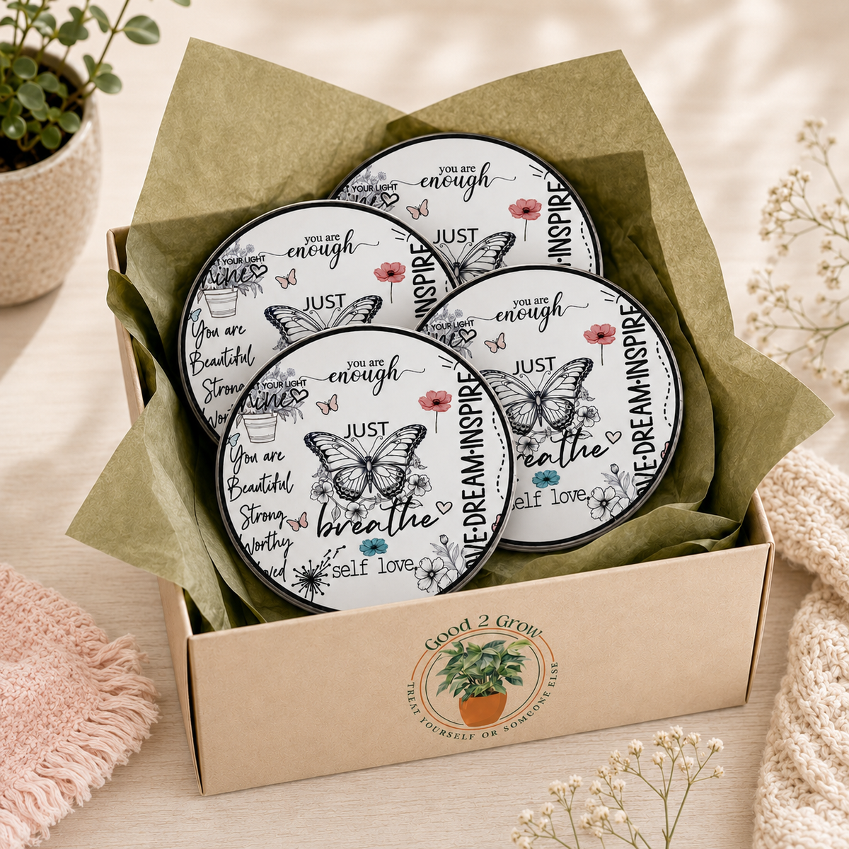 Just Breathe 4-Piece Ceramic Coaster Set