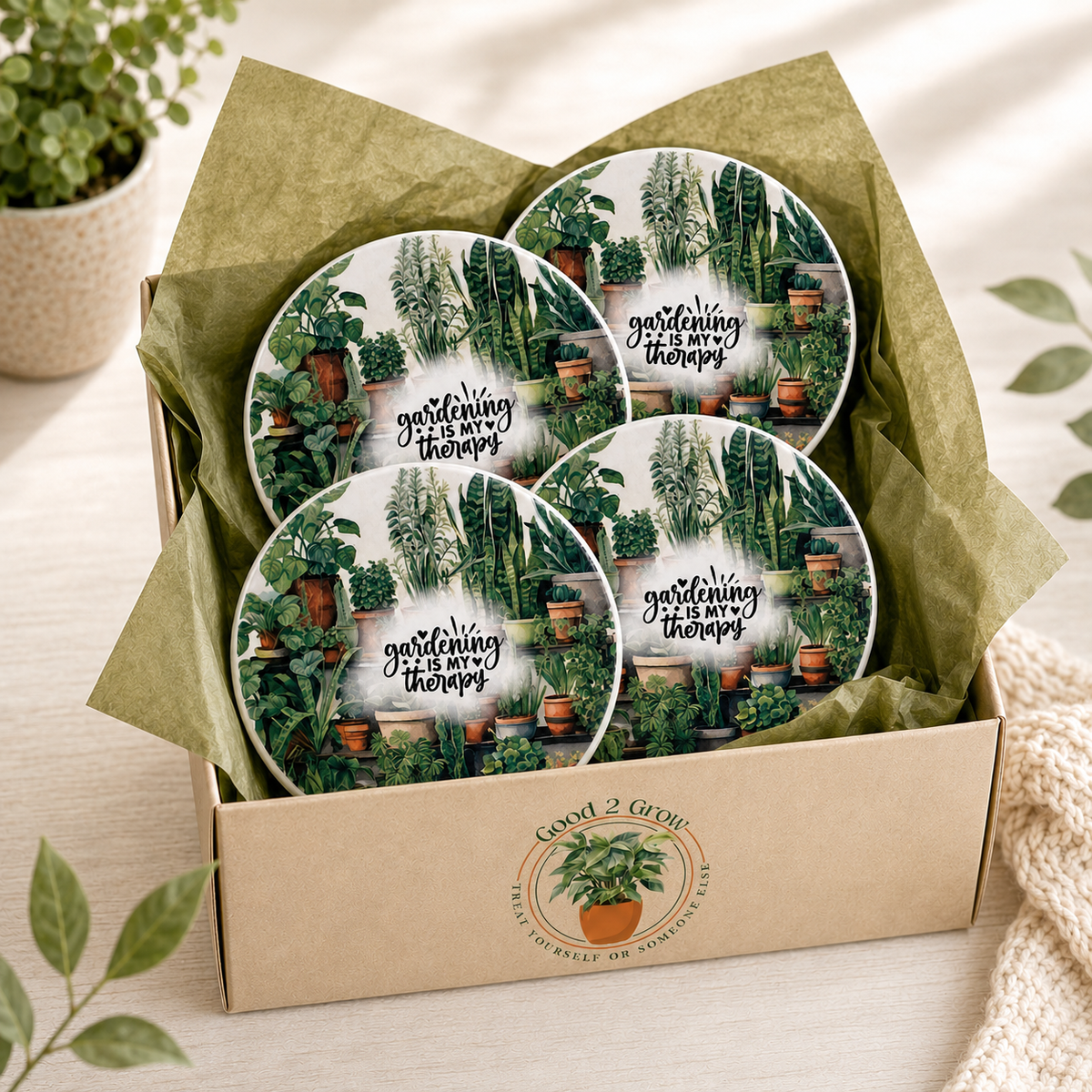 Gardening Is My Therapy 4-Piece Ceramic Coaster Set